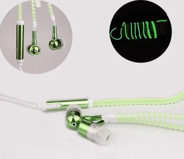 Wired earbuds Light Luminous Metal Zipper Earphone Glow In The Dark earbuds Hands Free Zipping earbuds Earhpones