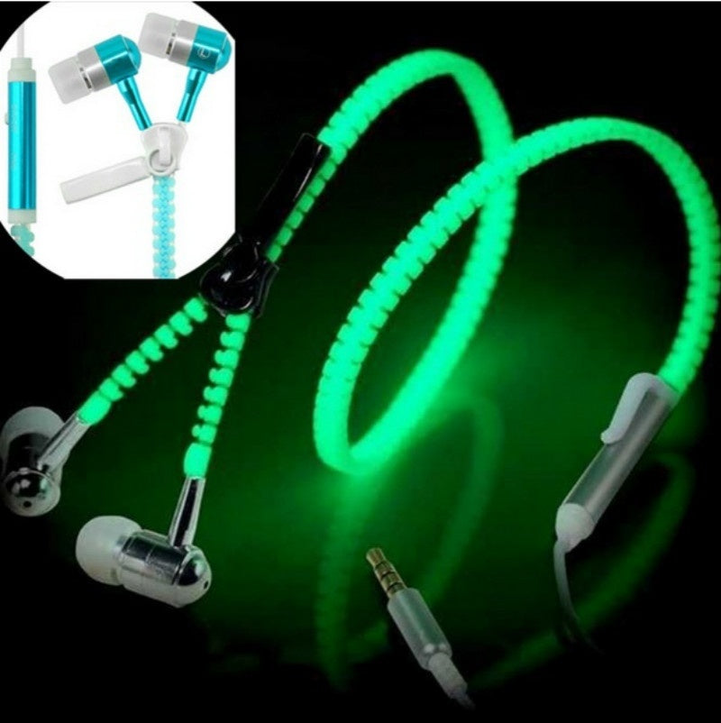 Wired earbuds Light Luminous Metal Zipper Earphone Glow In The Dark earbuds Hands Free Zipping earbuds Earhpones